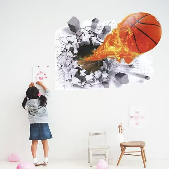 3D Basketball Wall Sticker - Self-Adhesive Breakthrough Fireball Decor, Vinyl Removable Flying Basketball Art for Kids Bedroom Playroom Mural