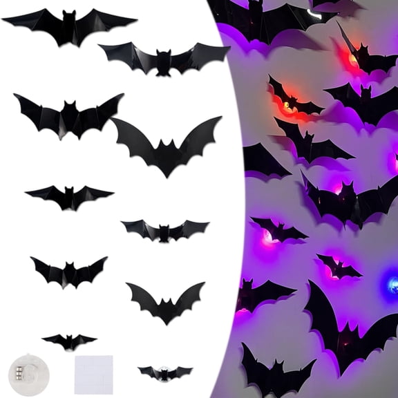3D Bat Design LED Decoration - 10 Unique Flying Bat Shapes with 5 Sizes, Halloween Hanging Glow-in-Dark Wall Projections for Halloween, Home & Party Decor