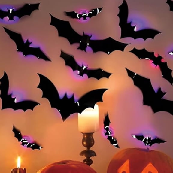 3D Bat Design LED Decoration, LED Glowing Bat Group, Halloween 3D Bats Decorative Wall Stickers Night Light, Hanging Wall Luminous Glow Clings Assorted Size for Party and Home Decals(12PCS)
