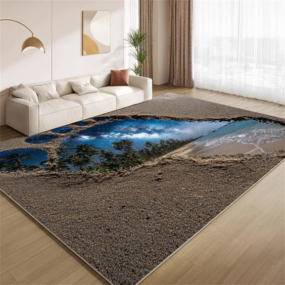 3D Beach Hole Area Rugs, Tropical Optical Illusion Carpet, Washable Non Slip Low Pile Soft Rug for Living Room Bedroom Entryway Home Decor Mat 5ftx8ft