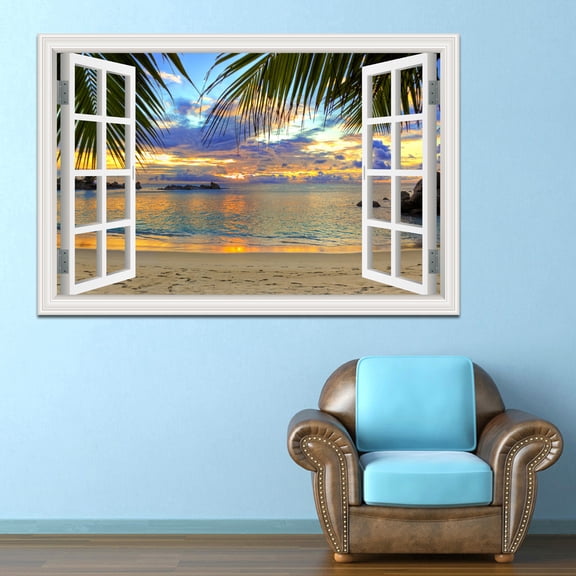 3D Beach Landscape Fake Window Poster Sticker Self-adhesive Seaside Coconut Tree Wallpaper Peel and Stick for Kitchen Living Rom Decor