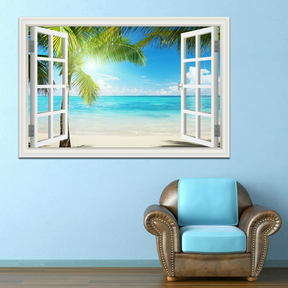 3D Beach Landscape Fake Window Poster Sticker Self-adhesive Seaside Coconut Tree Wallpaper Peel and Stick for Kitchen Living Rom Decor