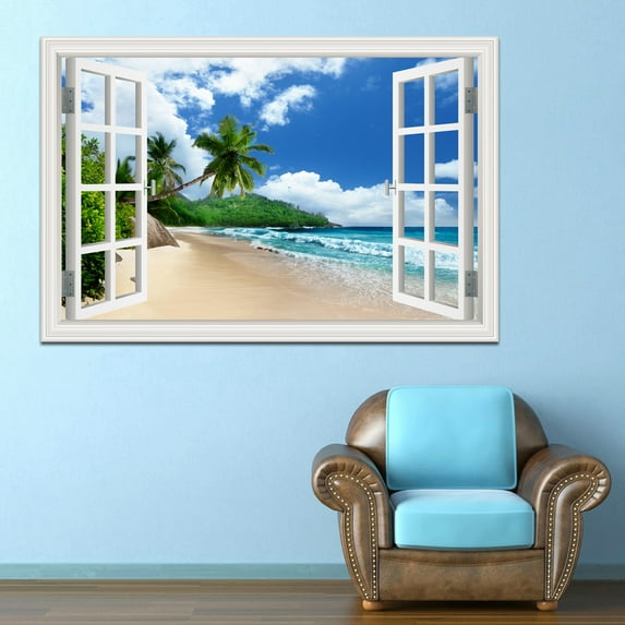 3D Beach Landscape Fake Window Poster Sticker Self-adhesive Seaside Coconut Tree Wallpaper Peel and Stick for Kitchen Living Rom Decor