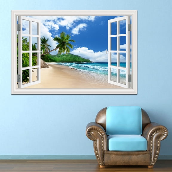 3D Beach Landscape Fake Window Poster Sticker Self-adhesive Seaside Coconut Tree Wallpaper Peel and Stick for Kitchen Living Rom Decor