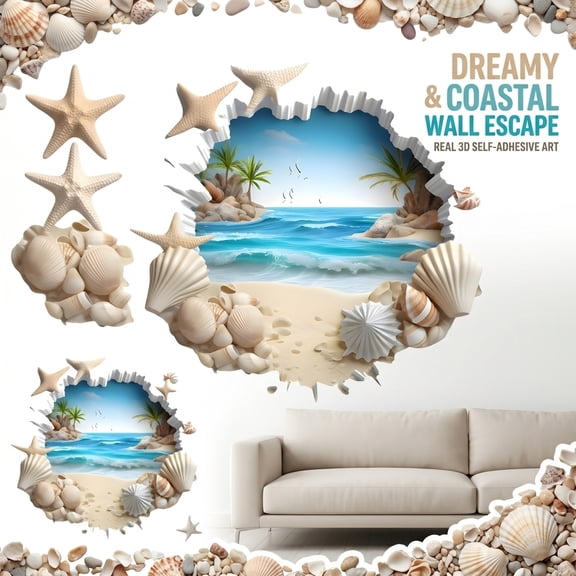 3D Beach Ocean Wall Decal Removable Self-Adhesive Broken Wall View Sticker Mural for Living Room Bedroom Sofa Background Home Wall Decor Your Space