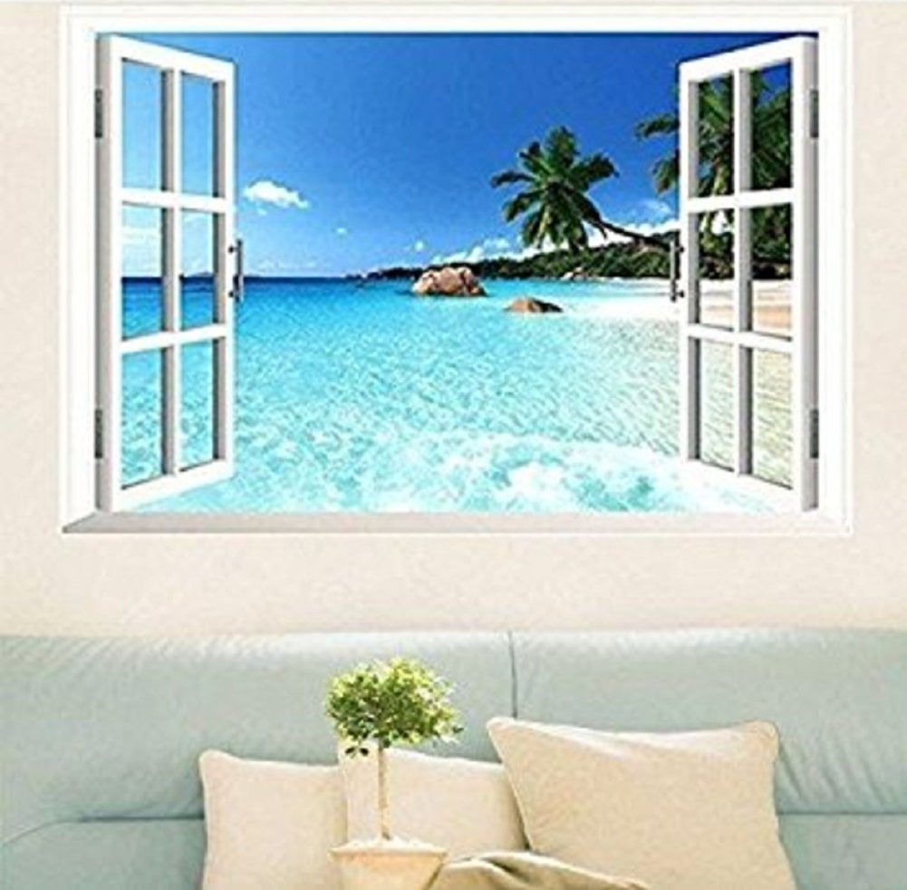 PICNIVA 3D Beach Window View Removable Wall Stickers Vinyl Decal Home Decor Deco Art