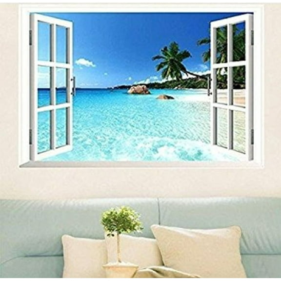 3D Beach Window View Removable Wall Stickers Vinyl Decal Home Decor Deco Art