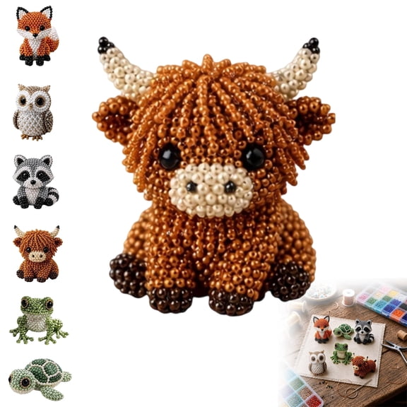 3D Beaded Animal Craft Kit, Highland Cow Bead Embroidery Kit, Cute 3D Animal Beadwork Craft Set with Colorful Beads and Instructions, Beaded Ornament Art Supplies & Gift for Beginners Adults