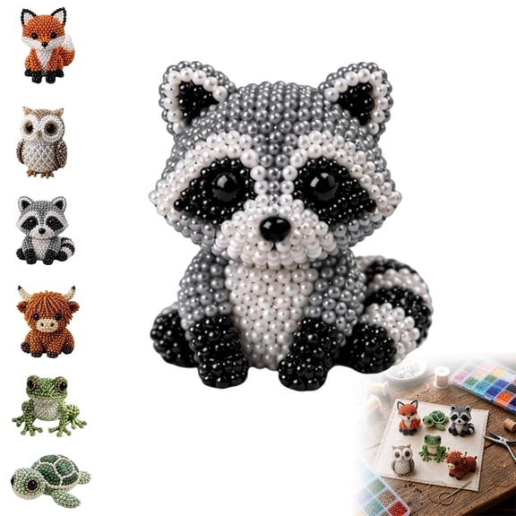 3D Beaded Animal Craft Kit, Raccoon Bead Embroidery Kit, Cute 3D Animal Beadwork Craft Set with Colorful Beads and Instructions, Beaded Ornament Art Supplies & Gift for Beginners Adults