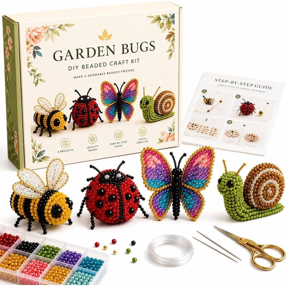 3D Beaded Animal DIY Craft Kit for Adults & Teens | Pond Friends Beading Kit with Frog Duck Turtle Dragonfly | Stress Relief Screen-Free Desktop Decor Project (Garden Bugs)