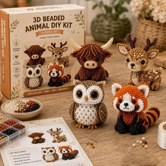 3D Beaded Animal DIY Craft Kit for Adults & Teens | Pond Friends Beading Kit with Frog Duck Turtle Dragonfly | Stress Relief Screen-Free Desktop Decor Project (Woodland Friends)