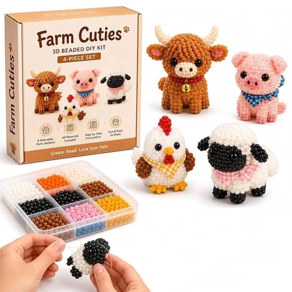 3D Beaded Animal DIY Craft Kit for Adults & Teens | Farm Friends Beading Kit | Stress Relief Screen-Free Desktop Decor Project (Farm Cuties)