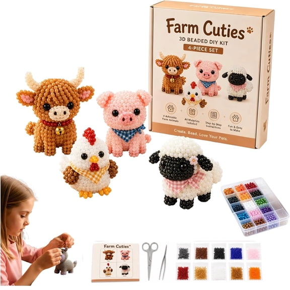 3D Beaded Animal DIY Craft Kit for Adults & Teens | Farm Friends Beading Kit | Stress Relief Screen-Free Desktop Decor Project (Farm Cuties)