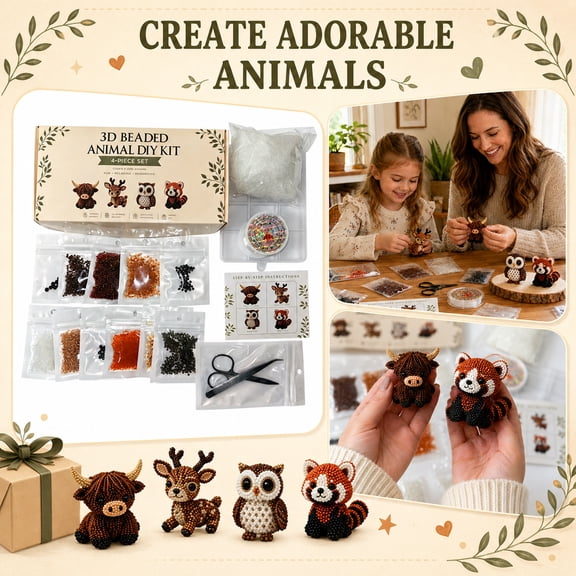 3D Beaded Animal DIY Craft Set  Colorful Pony Beads & Step-by-Step Instructions, Complete Bead Art Kit for Beginners to Create Animal FiguresA