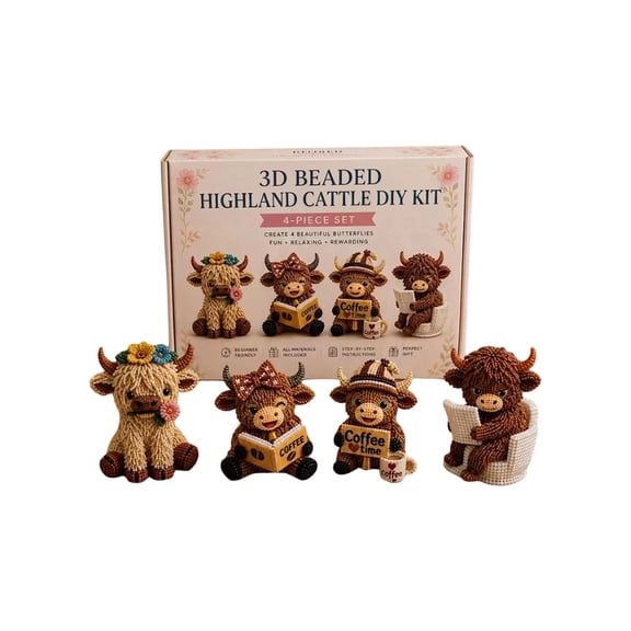 3D Beaded Animal DIY Kit, 4 Charming Tiny Animal Bead Art Set, Stress Relieving Handcraft Project With All Necessary Materials Included (Cattle B)