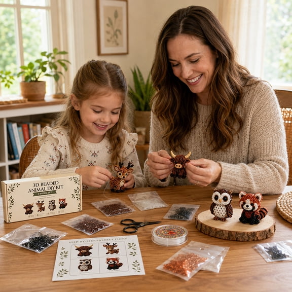 3D Beaded Animal DIY Kit, 4 Cute Woodland Friends Designs with Instructions, Beginner Beadwork Craft Kit for Home