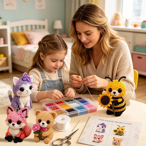 3D Beaded Animal DIY Kit, for 4-Piece Cute Figurine Craft Set with Full Supplies, Beginner-Friendly Beading Project for Adults & Teens, Includes Organizer, Tools & Instructions