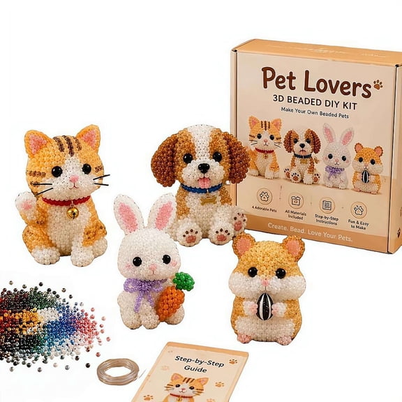 3D Beaded Animal DIY Kit, Beginner Craft Kit for Adults & Kids, Make Your Own Beaded Pets Birds Farm Animals, Creative Hobby Gift Box