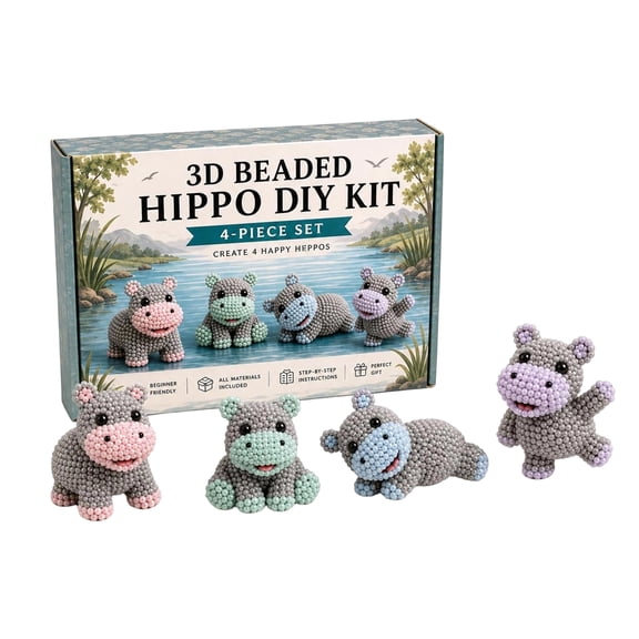 3D Beaded Animal DIY Kit – Beginner Friendly Handmade Bead Art Set, Cute Mini Animal Decor Gift for Craft Enthusiasts Hobby Collection Hippo