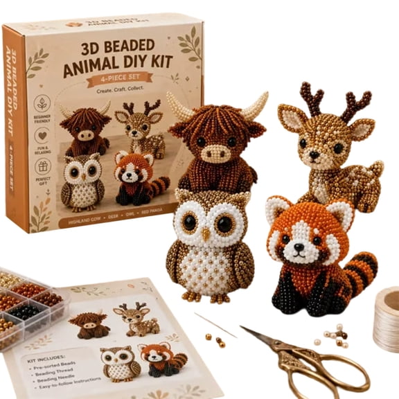 3D Beaded Animal DIY Kit for Beginners, Easy Bead Craft Set with 4 Cute Woodland Designs, Handmade Beading Art Kit with Tools, Relaxing Craft Gift for Adults Teens