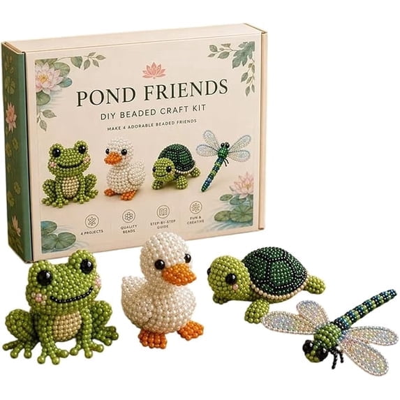 3D Beaded Animal DIY Kit, Cute Animal Beading Craft Set with 4 Designs for Beginners Adults(RL Pond Friends)