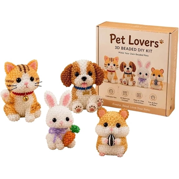 3D Beaded Animal DIY Kit, Cute Animal Beading Craft Set with 4 Designs with Detailed Instructions for Beginners Adults(xw)