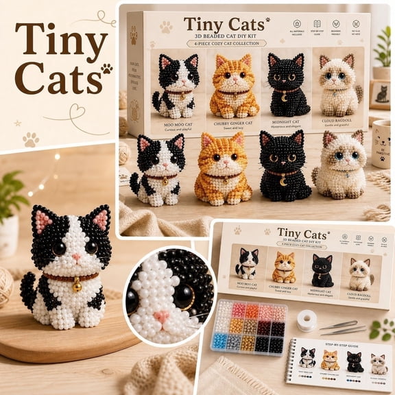 3D Beaded Animal DIY Kit, Cute Animals Beading Craft Set, DIY Bead Art Kit for Beginners & Craft Lovers(Moo Moo Cat, Chubby Ginger Cat, Midnight Cat, Cloud Ragdoll)