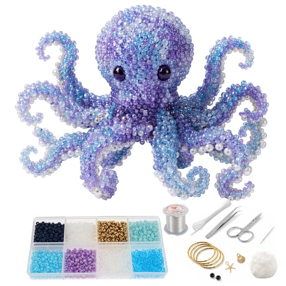 3D Beaded Animal DIY Kit, Easy DIY Beading Embroidery Kit with 4 Cute Designs, Cute Bird & Animal Beading Craft Set, Handmade Bead Art Mosaic Kit for Adults,Beginners (Octopus)