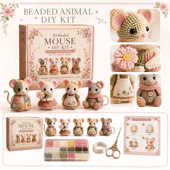 3D Beaded Animal DIY Kit Mouse Craft Set,Complete Bead Stringing Materials with Step-by-Step Guide,4 Adorable Mice Figures for Desk Decor Gift Making