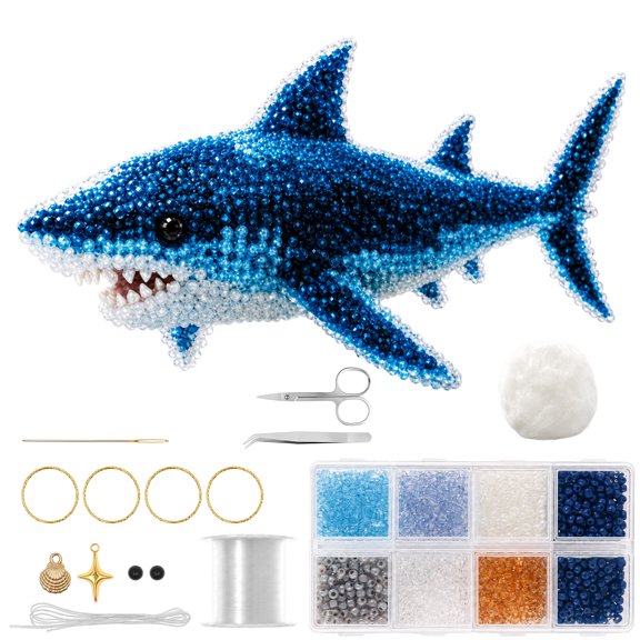 3D Beaded Animal DIY Kit with Crystal Bead and Pattern Guide for Craft Project and Beadwork Display(Shark)