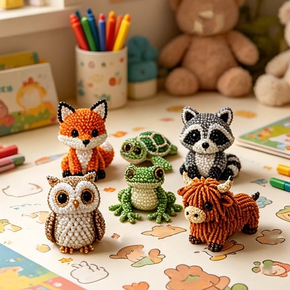 3D Beaded Animal Diy Kit, Easy Diy Beading Embroidery Kit With 4 Cute Designs, 3D Animal Beadwork Kit For Beginners & Craft Enthusiasts, With Instructions,6Pc