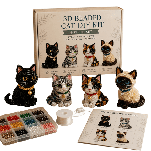 3D Beaded Animal Kit Cat DIY Craft Set with Beads Thread and Instructions for Handmade Projects and Creative Activities