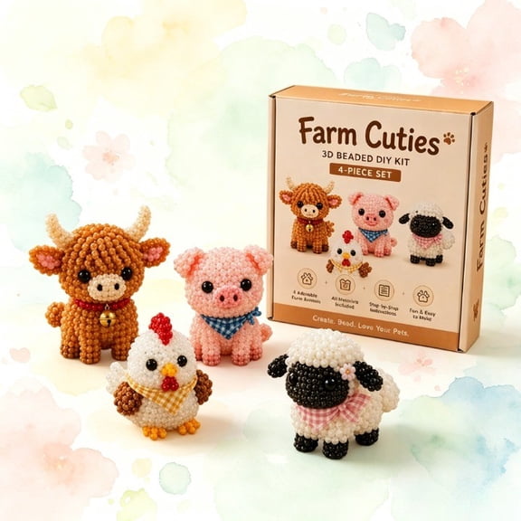3D Beaded Animal Kit Farm Cuties Mini Bead Pets, 4 Adorable Farm Animal Designs, Tiny 3D Beaded Animals for Desk Decor, Shelf Display, and Collecting