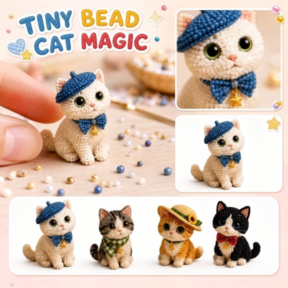 3D Beaded Animal Kit, Lovely Cat DIY Bead Craft Set With Complete Accessories, Fun Handmade Toy For Kids Holiday Leisure Art Creation (A)