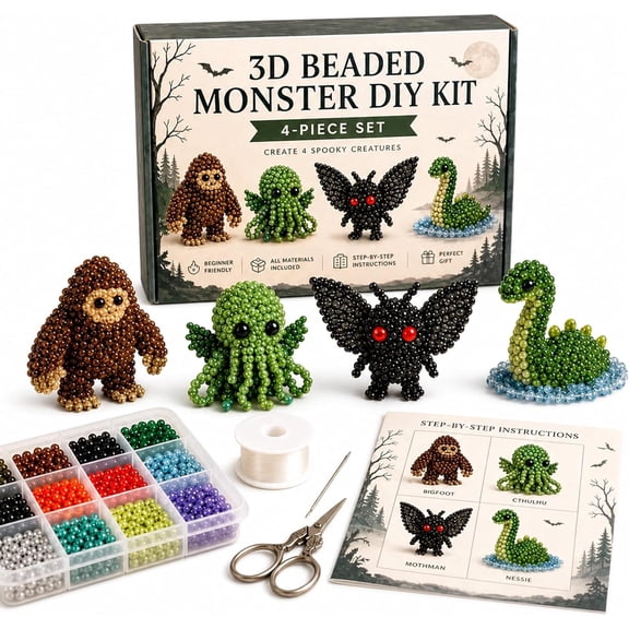 3D Beaded Animal Kit, Tiny 3D Beaded Animal DIY Kit, Easy DIY Beading Embroidery Kit, 3D Animal Themed Beadwork Kit for Beginners & Craft Enthusiasts, with Instructions (Cryptid & Monster)