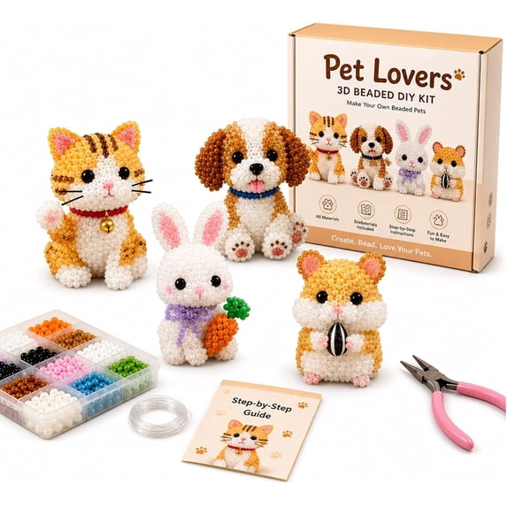 3D Beaded Animal Kit, Tiny 3D Beaded Animal DIY Kit, Easy DIY Beading Embroidery Kit, 3D Animal Themed Beadwork Kit for Beginners & Craft Enthusiasts, with Instructions (Pet Lovers)