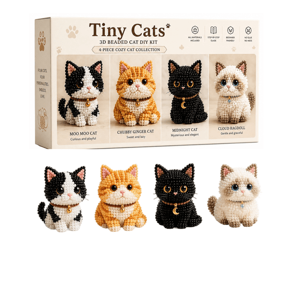 3D Beaded Animal Kit Tiny Cats DIY Bead Craft Set with 4 Cat Designs Seed Beads Thread Needles and Instruction Guide