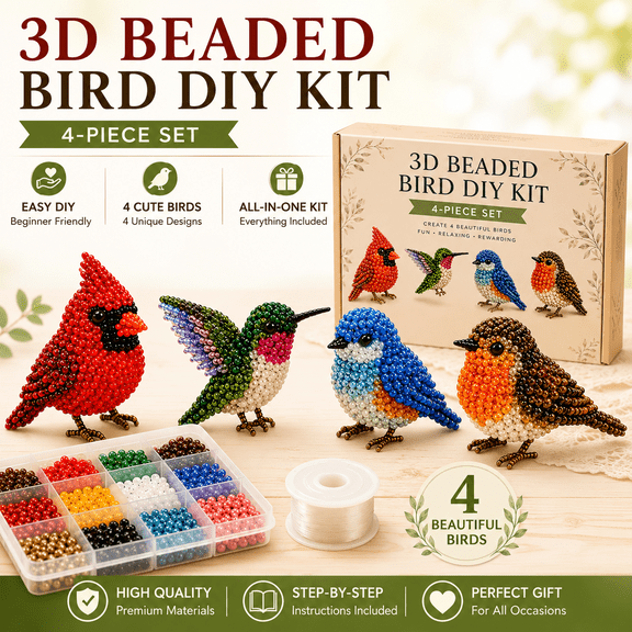 3D Beaded Animal Kit for Adults DIY Beading Embroidery Craft Kit Backyard Birds 4 Designs Beginner Friendly Handmade Bead Art Set with Tools