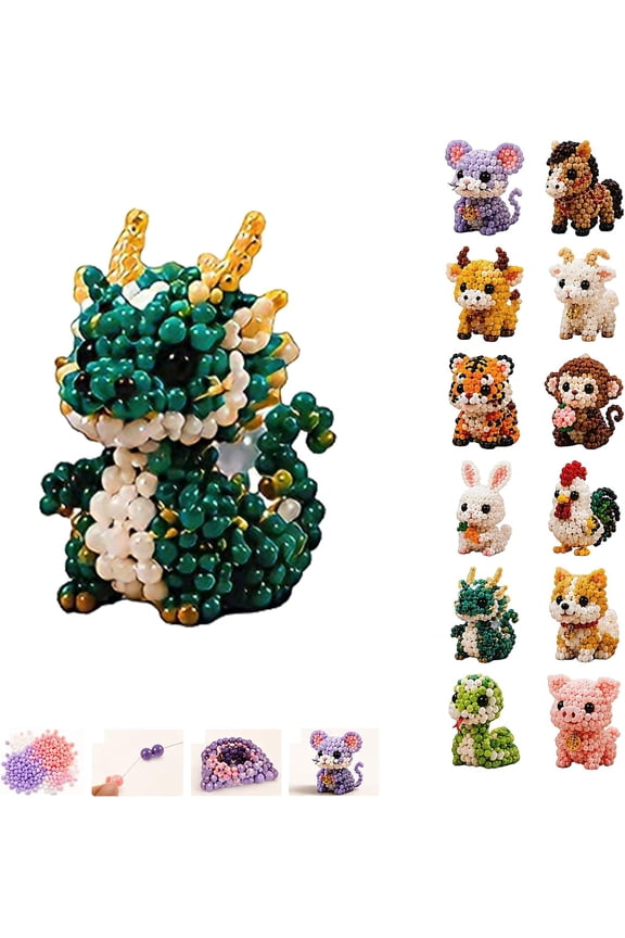 3D Beaded Animals Beading Kit,The 12 Chinese Zodiac Signs, Creative Craft Kits for Adults, Screen-Free DIY Activity, 3D Bead Figures for Home Decor or Keychains Dragon