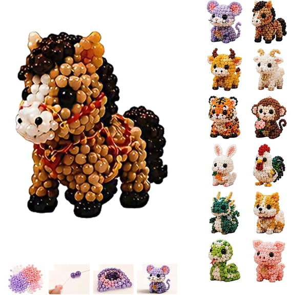 3D Beaded Animals Beading Kit,The 12 Chinese Zodiac Signs, Creative Craft Kits for Adults, Screen-Free DIY Activity, 3D Bead Figures for Home Decor or Keychains Horse