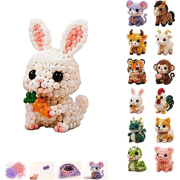 3D Beaded Animals Beading Kit,The 12 Chinese Zodiac Signs, Creative Craft Kits for Adults, Screen-Free DIY Activity, 3D Bead Figures for Home Decor or Keychains Rabbit