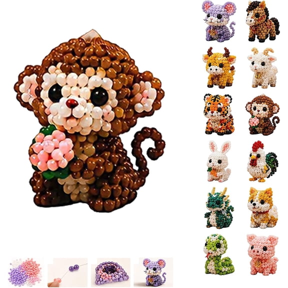 3D Beaded Animals Beading Kit,The 12 Chinese Zodiac Signs, DIY Bead Embroidery for Adults, Cute 3D Animal Figures, Handmade Gift Idea for Craft Enthusiasts, Home Decor Monkey