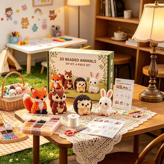 3D Beaded Animals DIY Kit 4 Pcs, Stress Relief Craft Set Cute Fox Bear Hedgehog Rabbit Decor Gift for Kids & Adults