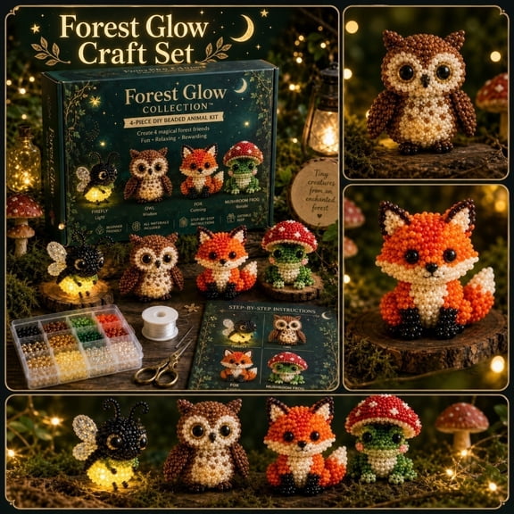 3D Beaded Animals DIY Kit, 4-Piece Bead Animal Making Kit for Beginners & Creative Adults（Forset Glow）