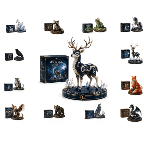 3D Beaded Animals Making Kit, Mythical Guardian DIY Bead Kit with Beads, Thread, Charms and Base, Complete Craft Set for Beginners, Perfect for Desk Shelf Home Decoration (Moon Stag)