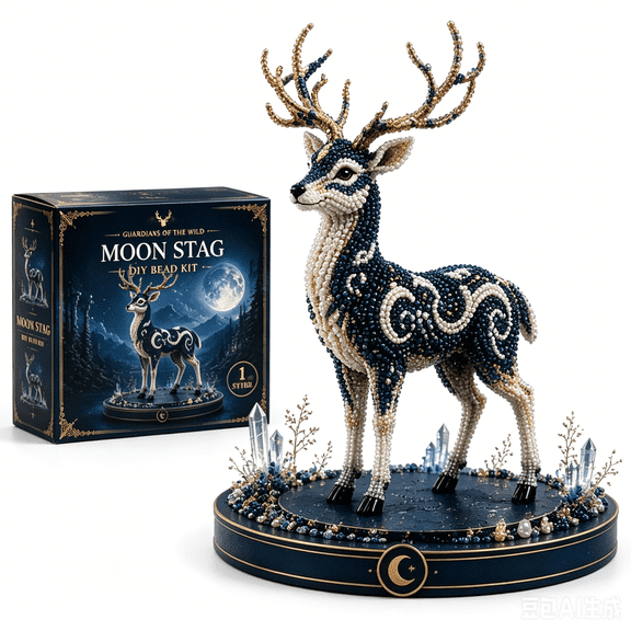 3D Beaded Animals Making Kit, Mythical Guardian DIY Bead Kit with Beads, Thread, Charms and Base, Complete Craft Set for Beginners, Perfect for Desk Shelf Home Decoration (Moon Stag)