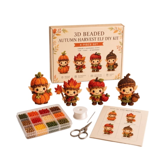 3D Beaded Autumn Harvest Elf DIY Kit 4 Piece Set Craft Bead Figure Making Kit with Accessories and Instruction Sheet