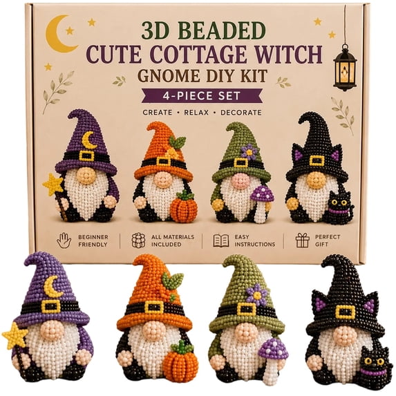 3D Beaded, Beads Miniature Dwarf Crafting Kit, 4-Piece Cowboy Gnomes DIY Set with Scissors and Storage Box for Desktop Display and Daily Household Use