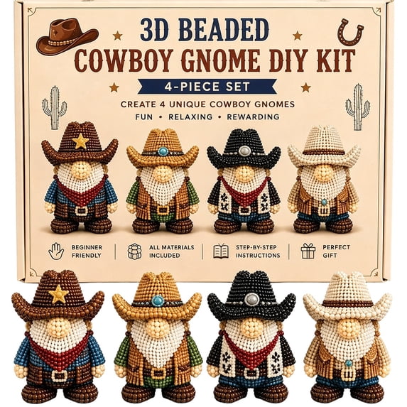 3D Beaded, Beads Miniature Dwarf Crafting Kit, 4-Piece Cowboy Gnomes DIY Set with Scissors and Storage Box for Desktop Display and Daily Household Use