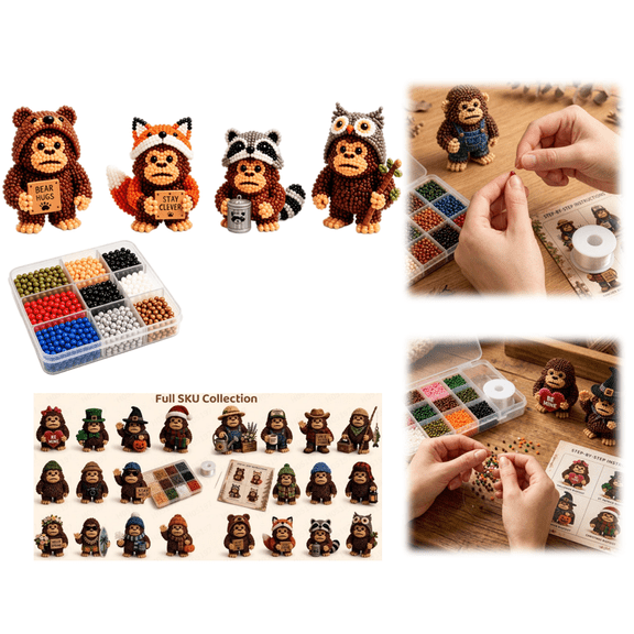 3D Beaded Bigfoot DIY Kit, Cute Forest Style Bigfoot 3D Bead Craft Kit, Customizable Handmade Ornament for Room Themed Layout (E)